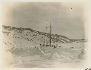Image of The Bowdoin in winter quarters - Refuge Harbor 78 degrees 31 N. Latitude